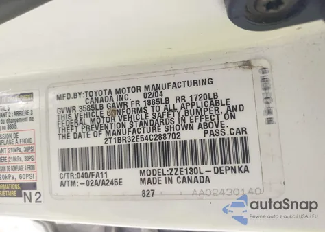 2004 Toyota Corolla Le z USA, uszkodzony, nr VIN 2T1BR32E54C288702